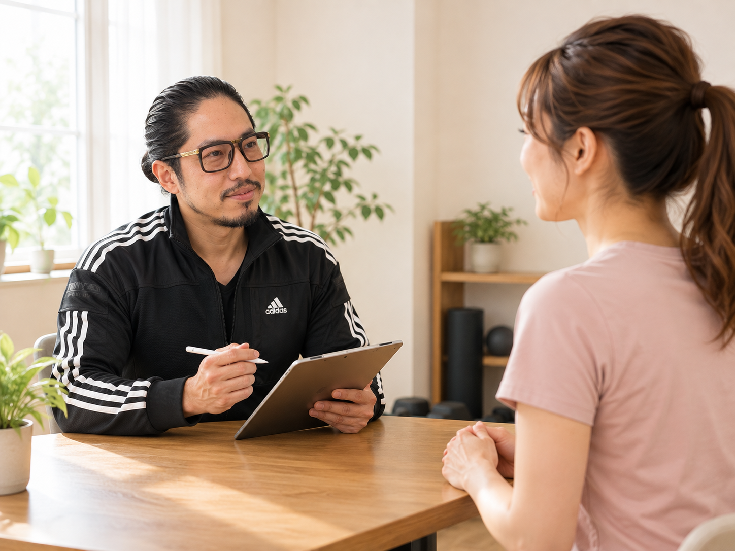 Rashikuの店内で、加藤トレーナーと女性が対面で相談している様子