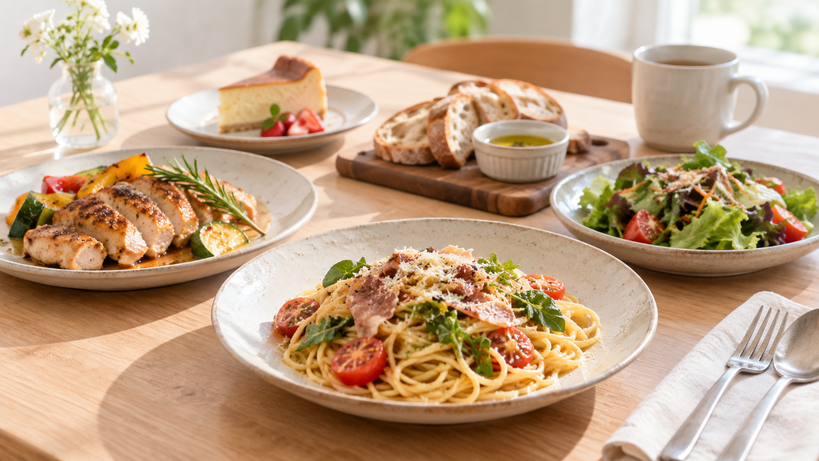 料理とスイーツが並ぶ明るい食卓