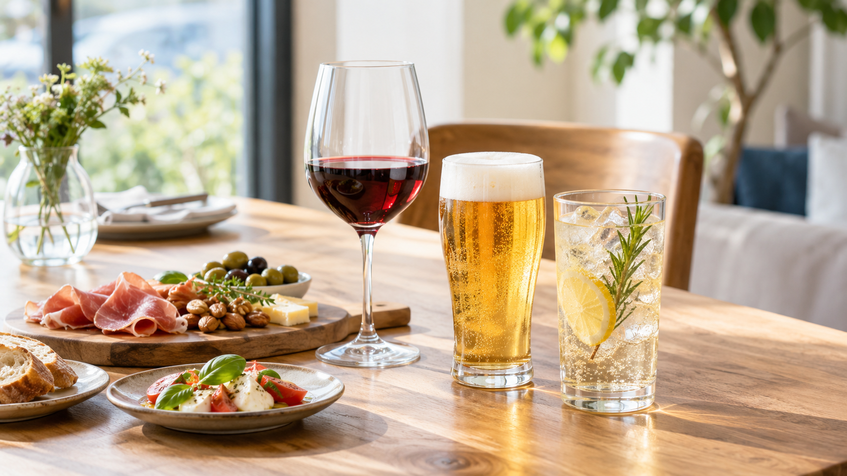 ワインやビールなどのお酒と料理が並ぶ明るい食卓