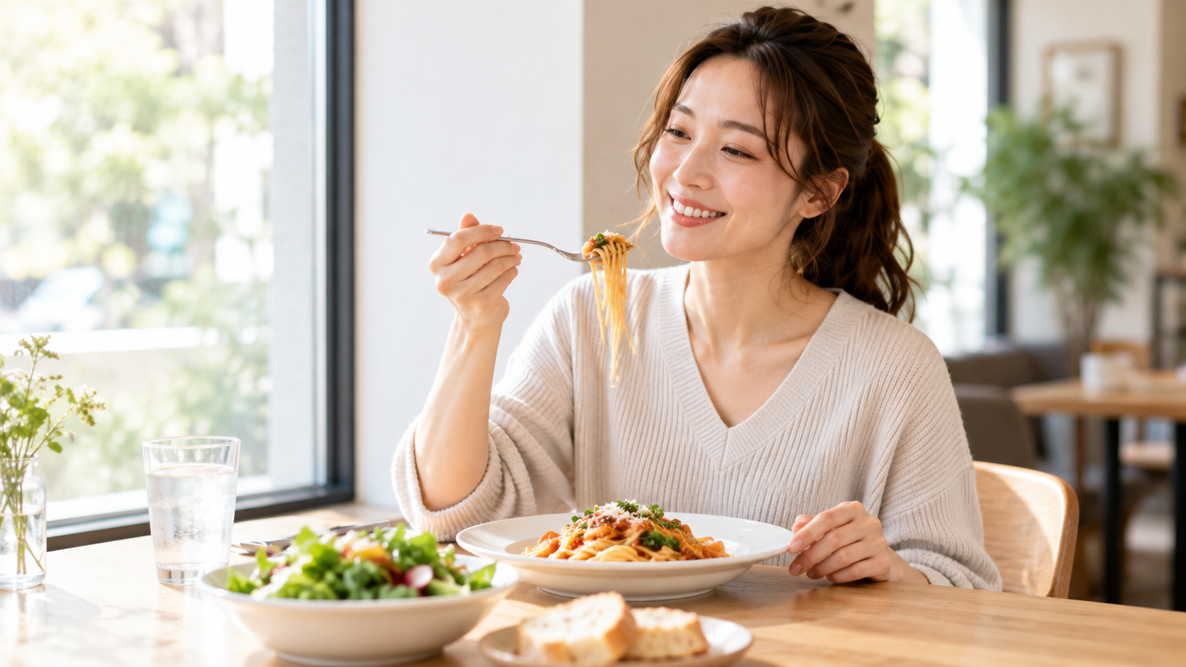 女性が明るい店内でパスタを楽しんでいる様子