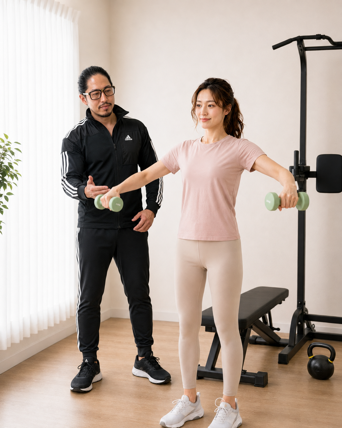 女性がグリーンのダンベルでサイドレイズを行い、加藤トレーナーがフォームを確認している様子